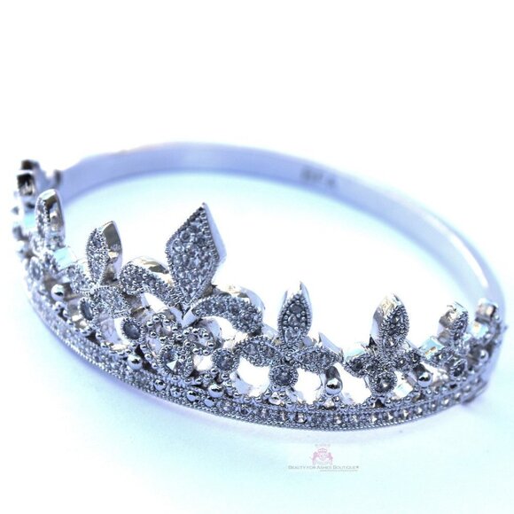 Clear Pave Cubic Zirconia Fleur-de-Lis Princess Crown Hinged Cuff Bracelet 7.5" - Picture 11 of 12